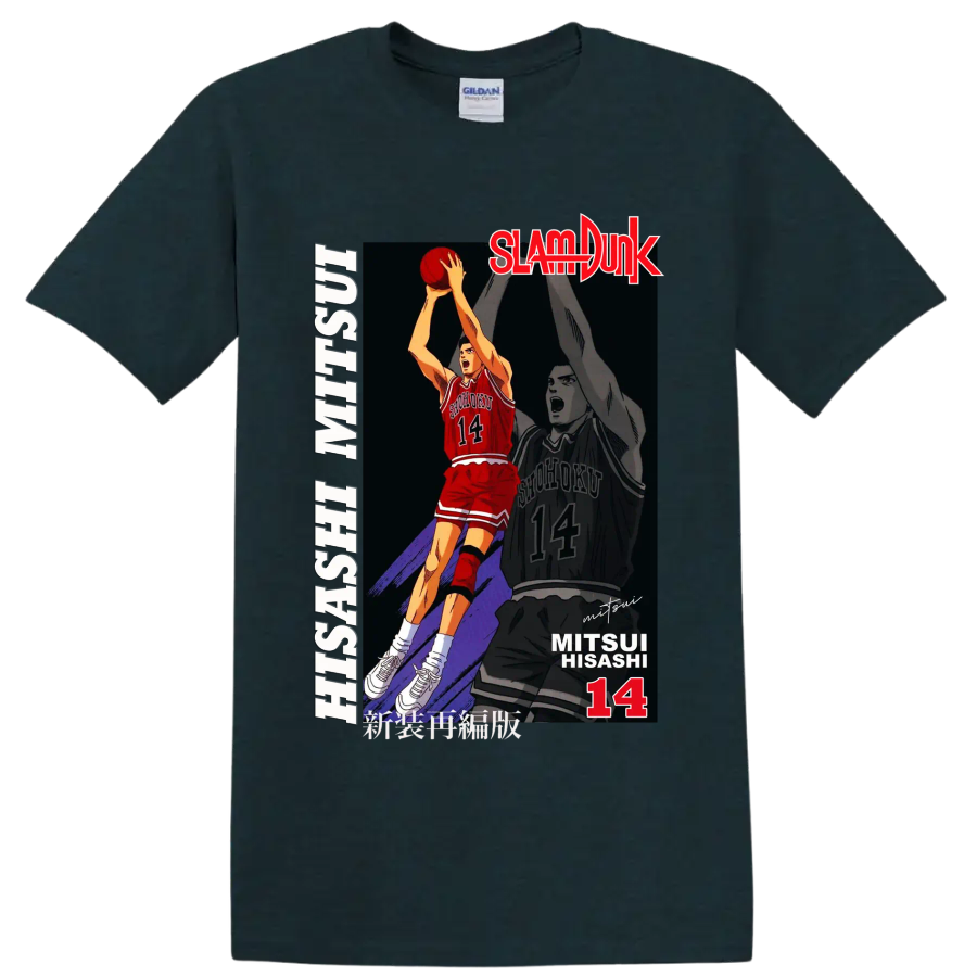 Hisashi Mitsui No. 14 Slam Dunk basketball action manga graphic print on a Midnight (Green) T Shirt