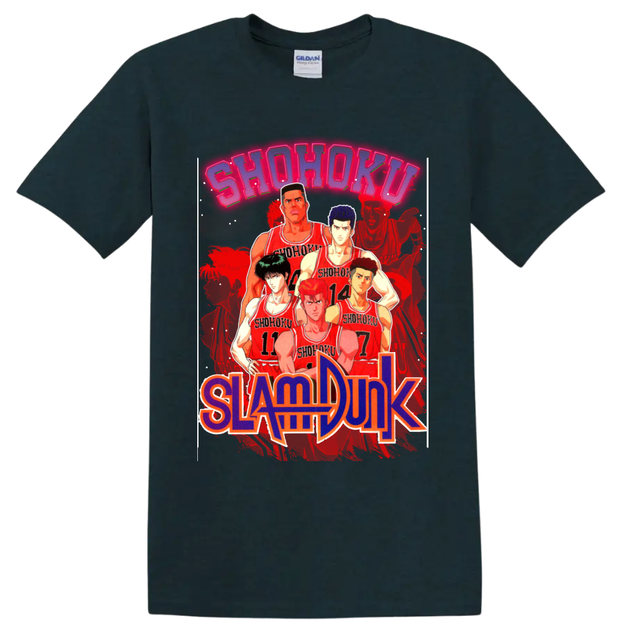 Slam Dunk Shohoku basketball team lineup in red jerseys with bold manga lettering on a Midnight (Green) T Shirt