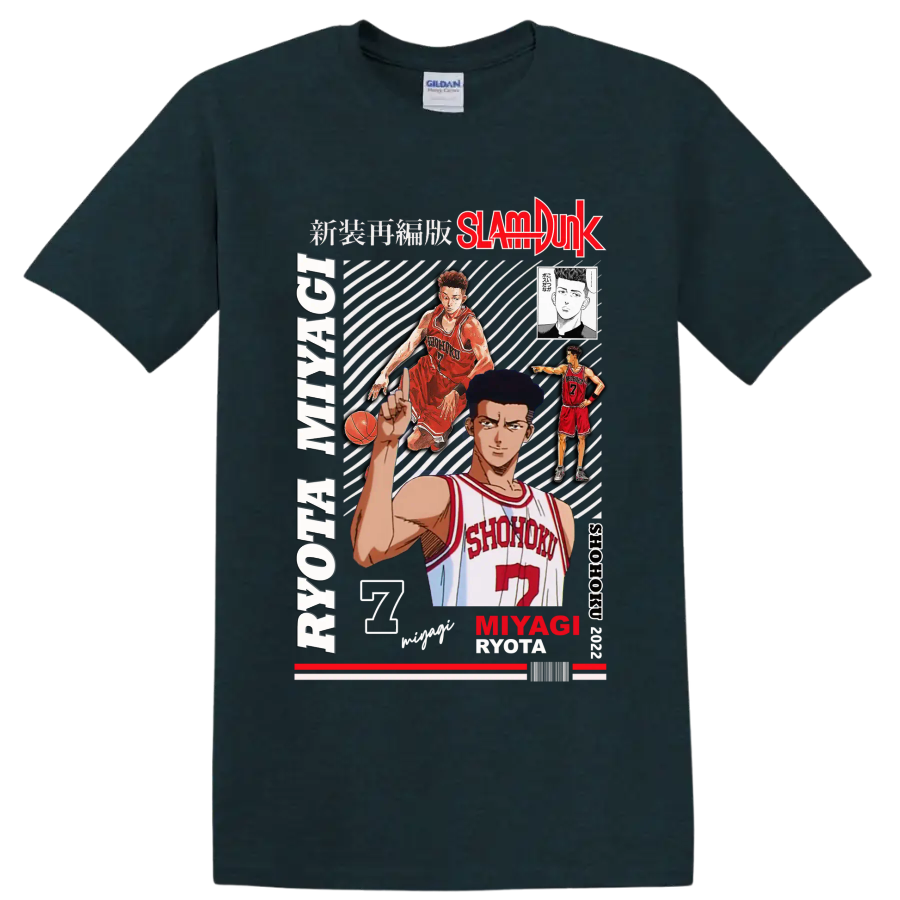 Ryota Miyagi Slam Dunk manga collage with Shohoku number 7 basketball artwork on a Midnight (Green) T Shirt
