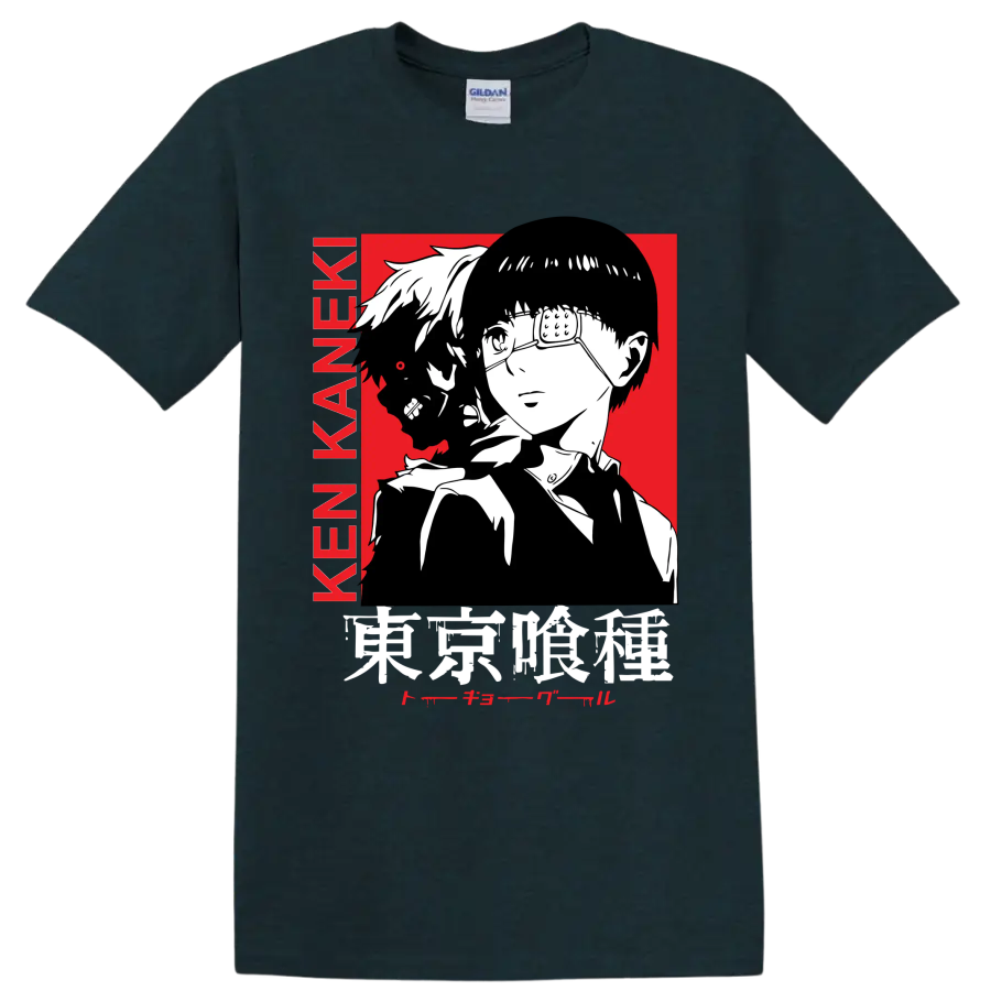 Ken Kaneki Tokyo Ghoul manga portrait with glasses, dark profile, and red backdrop on a Midnight (Green) T Shirt