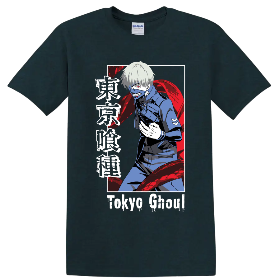 Ken Kaneki masked anime portrait with red kagune in dark Tokyo Ghoul manga style on a Midnight (Green) T Shirt