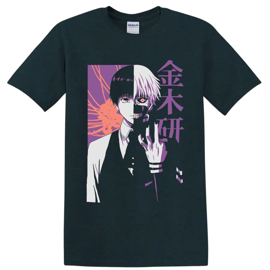 Ken Kaneki split-face Tokyo Ghoul manga portrait with red eye and purple graphic art on a Midnight (Green) T Shirt