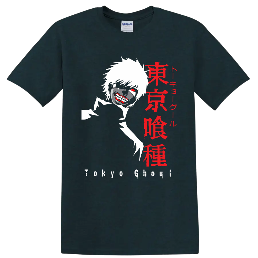 Ken Kaneki Tokyo Ghoul masked anime graphic with red eye and Japanese lettering on a Midnight (Green) T Shirt