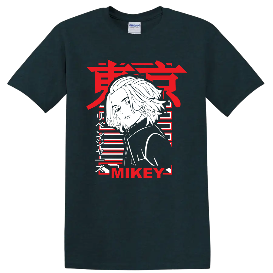 Manjiro Sano Mikey Tokyo Revengers portrait in bold red, white, and black manga style on a Midnight (Green) T Shirt