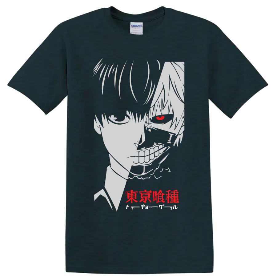 Ken Kaneki Tokyo Ghoul manga portrait with red eye, grin, and Japanese lettering on a Midnight (Green) T Shirt
