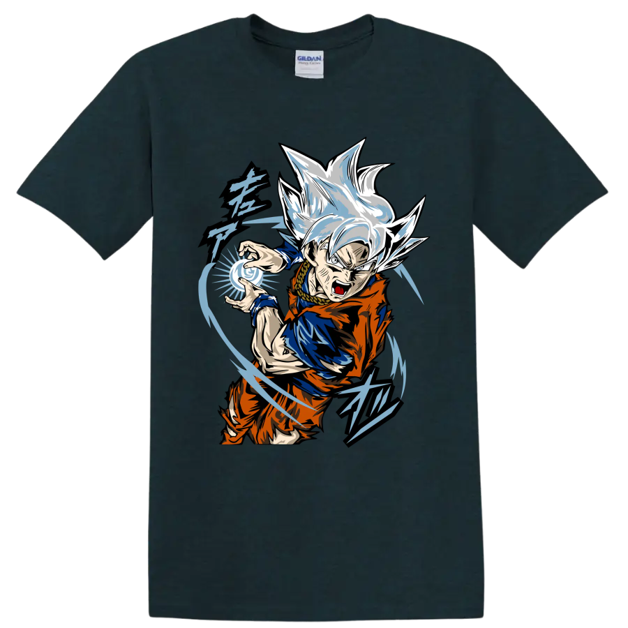 Goku Ultra Instinct anime fighter with blue energy sphere and sweeping action lines on a Midnight (Green) T Shirt