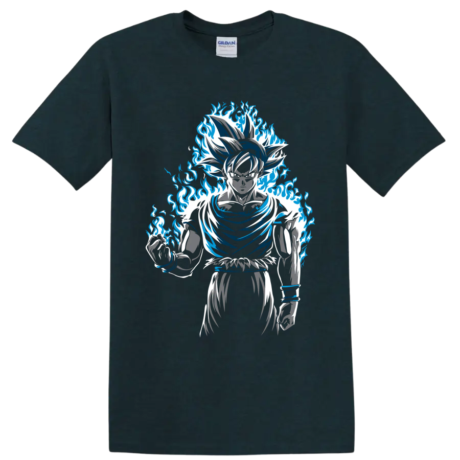 Goku Dragon Ball Super manga-style graphic with a dramatic blue flame aura on a Midnight (Green) T Shirt