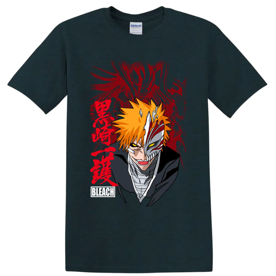 Ichigo Kurosaki split Hollow mask portrait with orange hair and red brushstroke art on a Midnight (Green) T Shirt