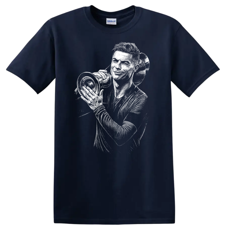 High-contrast retro soccer portrait of Cristiano Ronaldo T - Navy (Blue)
