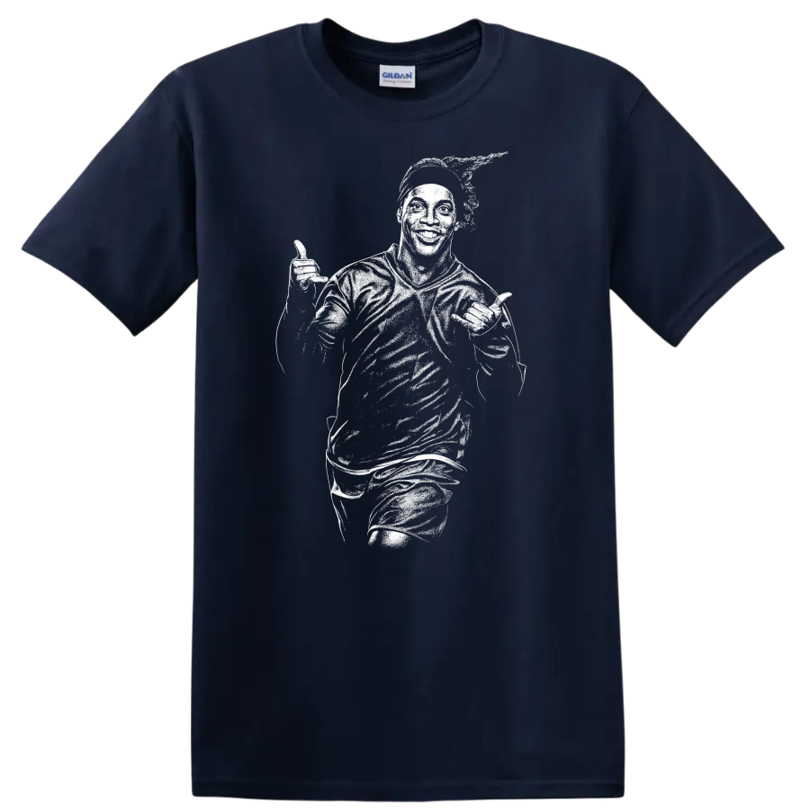 Retro soccer player portrait in legend style inspired by Ronaldinho on a T - Navy (Blue)