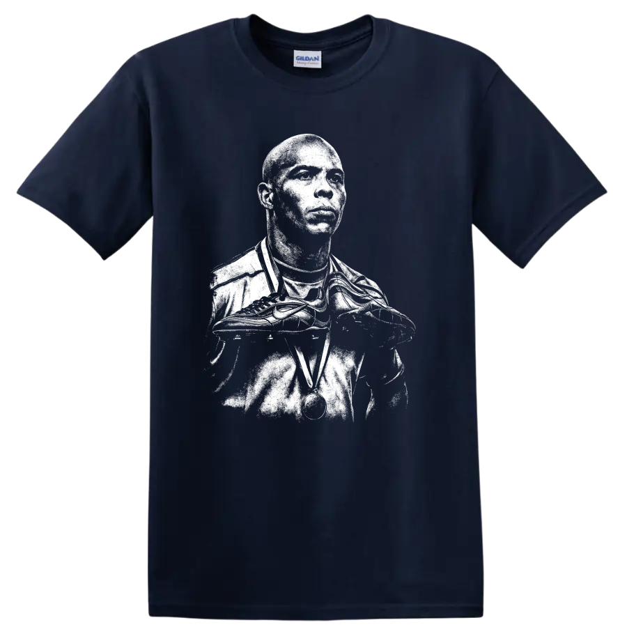 Retro soccer portrait of Ronaldo Nazário legend style T - Navy (Blue)