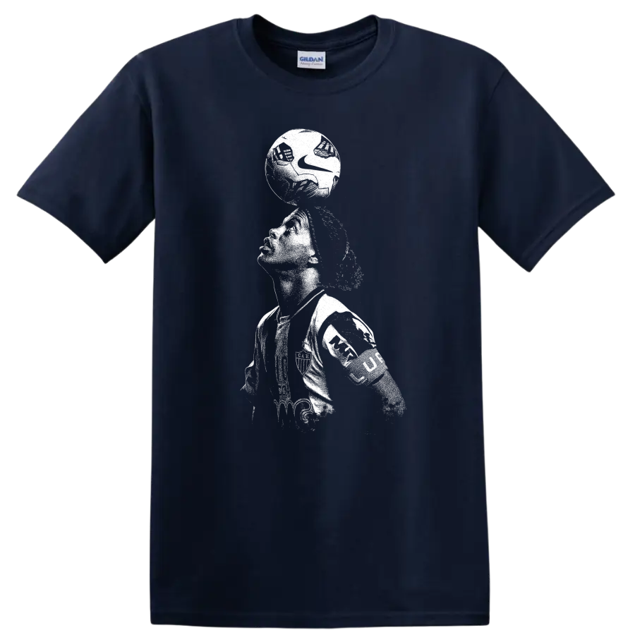 Retro soccer legend portrait of Ronaldinho Gaúcho style on black T - Navy (Blue)