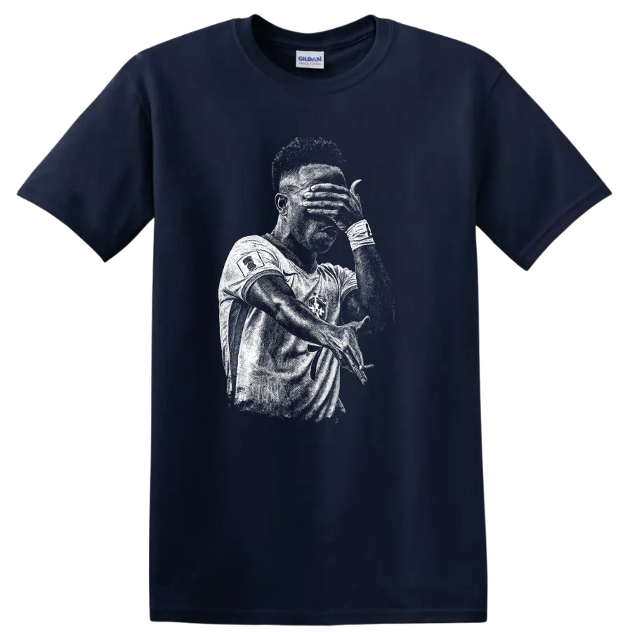 Retro black and white soccer portrait of Vinícius Júnior T - Navy (Blue)