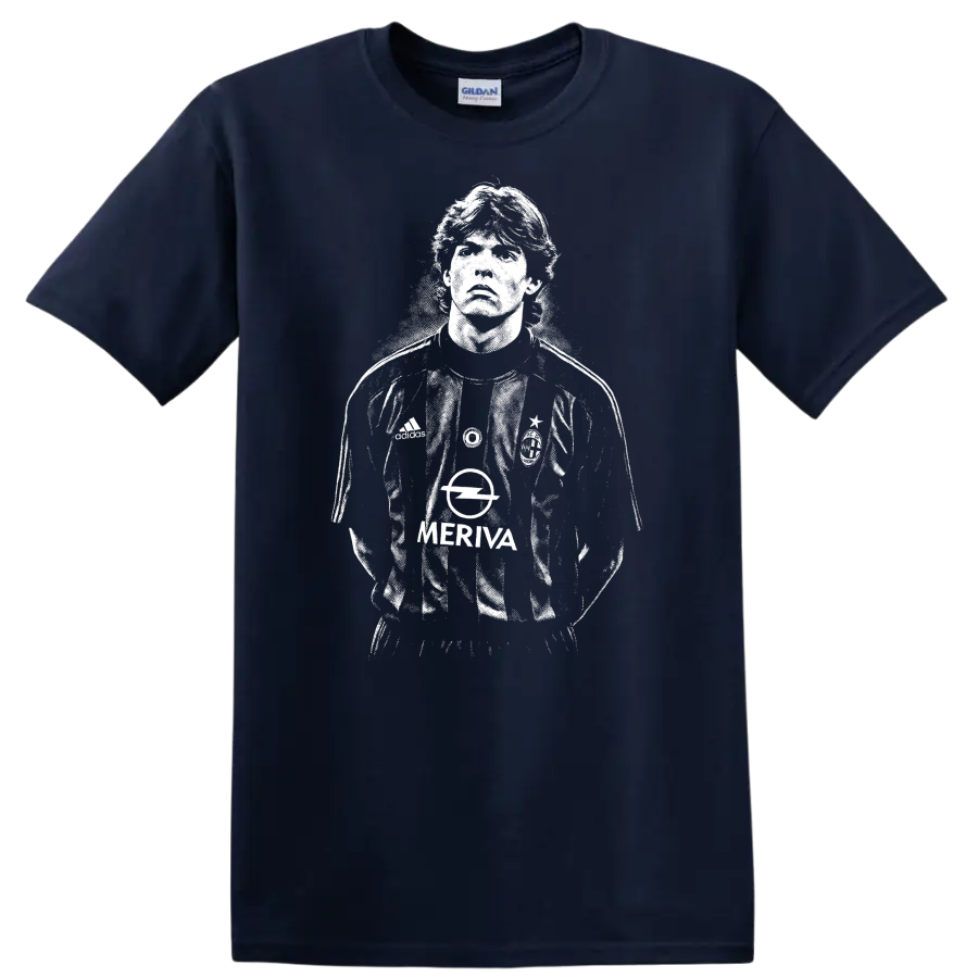 Retro black and white soccer legend portrait style graphic of Ricardo Kaká T - Navy (Blue)