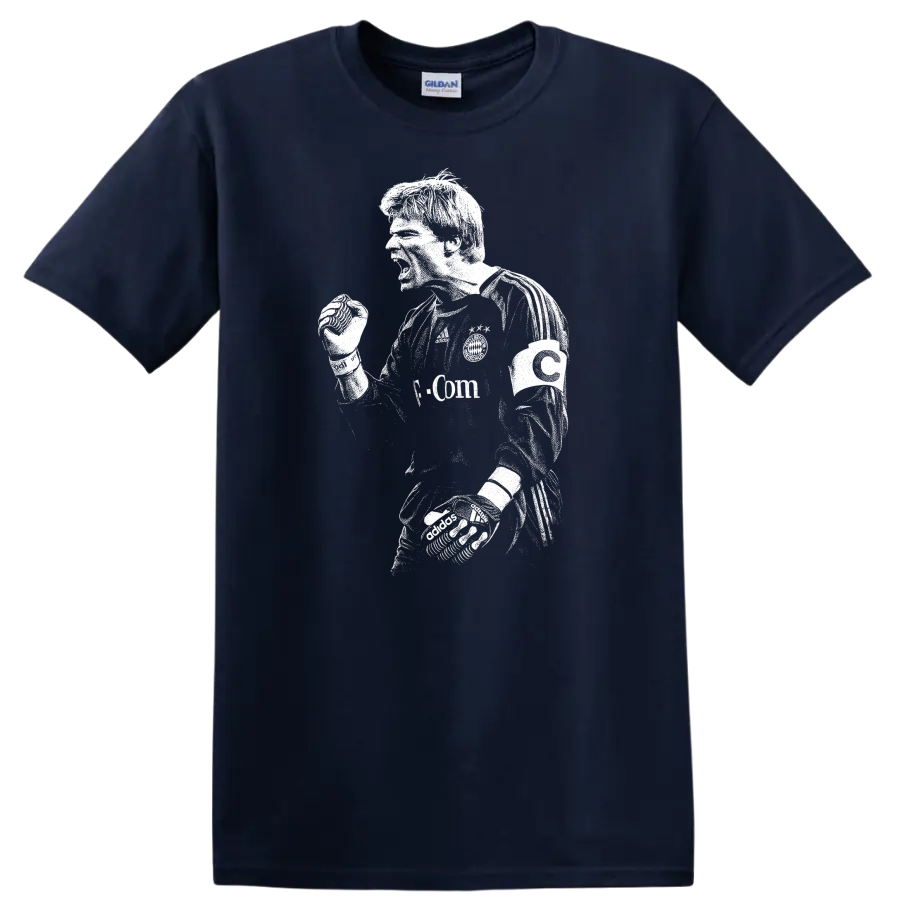 Black and white retro soccer portrait of Oliver Kahn on a T - Navy (Blue)