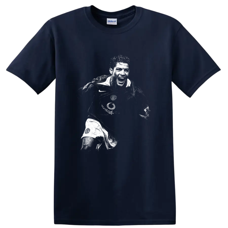 Retro black and white Cristiano Ronaldo soccer portrait graphic T - Navy (Blue)