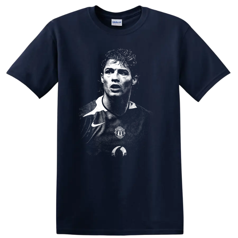 Retro black and white Cristiano Ronaldo portrait style T shirt - Navy (Blue)