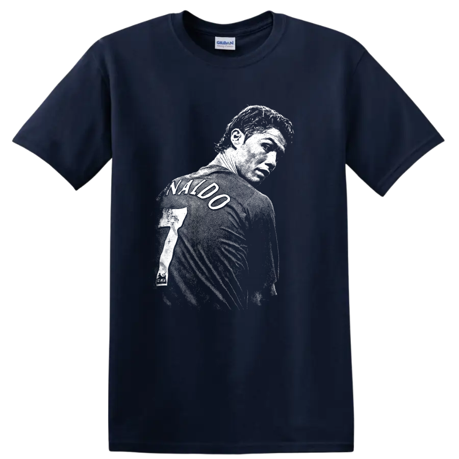Retro soccer portrait of Cristiano Ronaldo style graphic T - Navy (Blue)