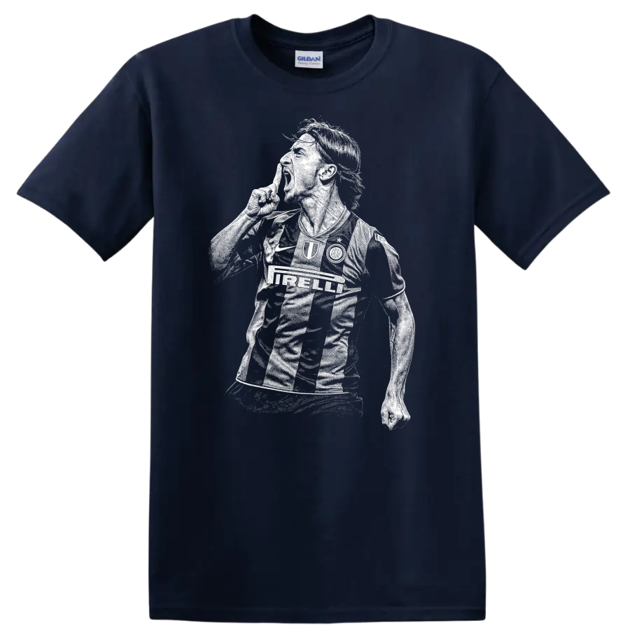Black and white retro soccer player portrait graphic T Shirt featuring Zlatan - Navy (Blue)