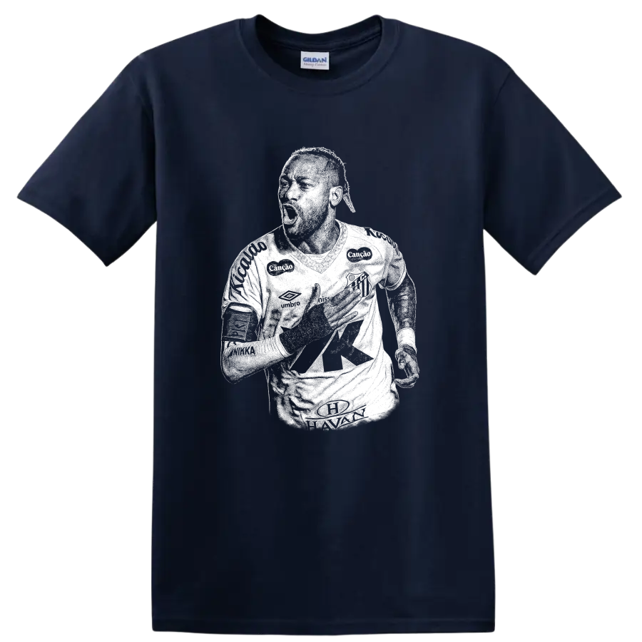 Retro soccer portrait silhouette inspired by Neymar Jr. on a black T - Navy (Blue)