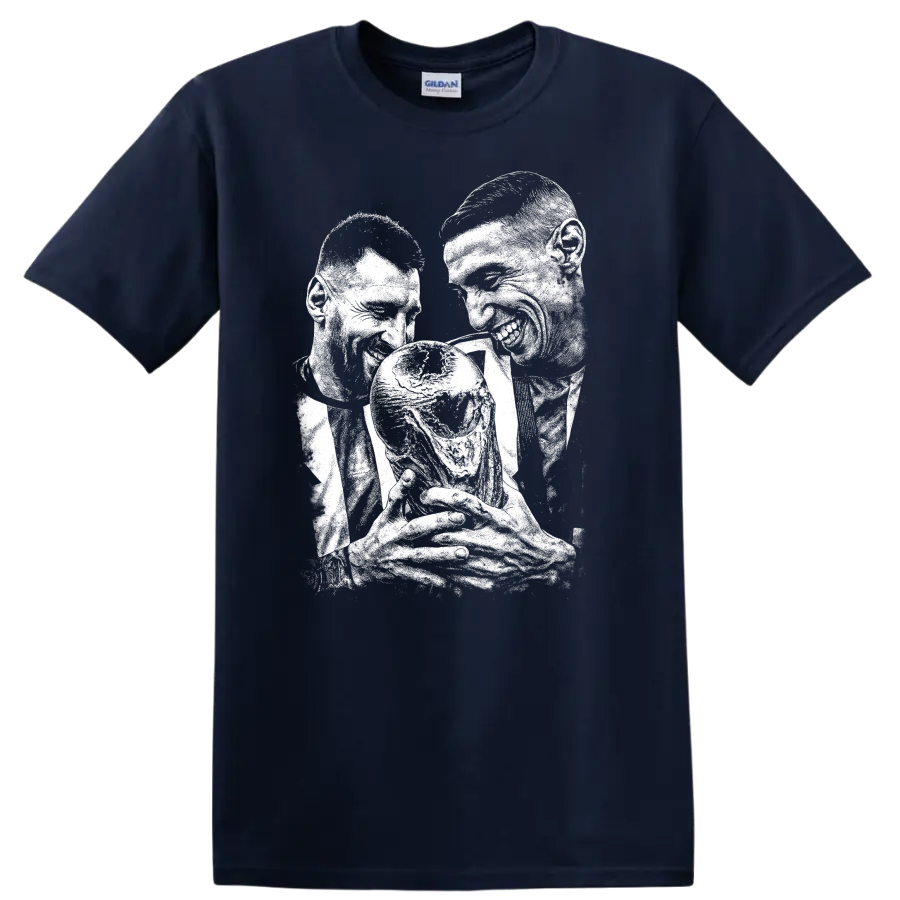 Retro soccer legend portrait design featuring Lionel Messi and Ángel Di María T - Navy (Blue)