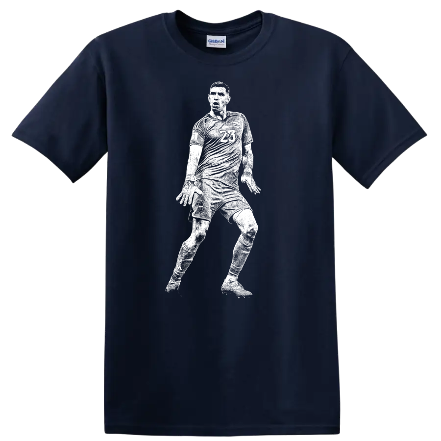 Black and white retro soccer player silhouette design for Emiliano Martínez T - Navy (Blue)