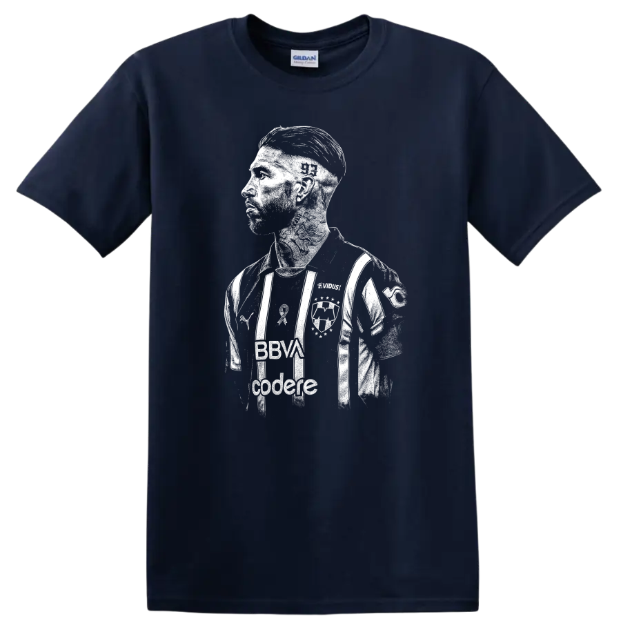 Retro style Sergio Ramos soccer portrait graphic on T - Navy (Blue)