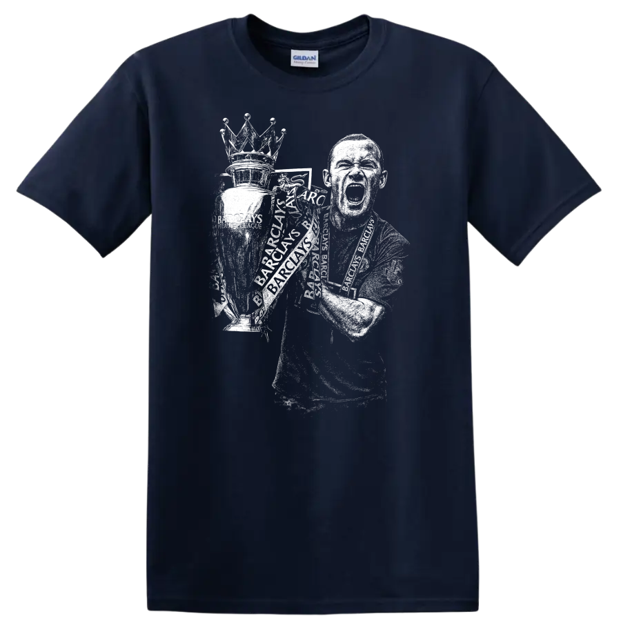 Retro soccer player portrait style graphic inspired by Wayne Rooney on a T - Navy (Blue)
