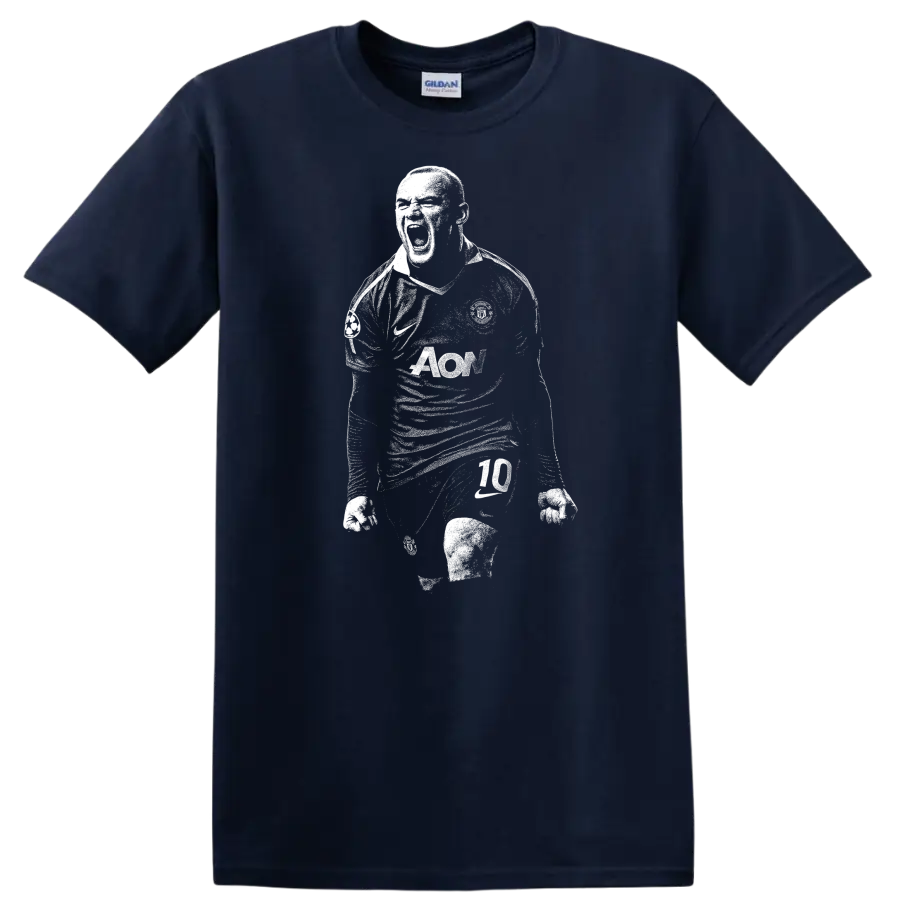 Retro black and white soccer player portrait style Wayne Rooney T - Navy (Blue)