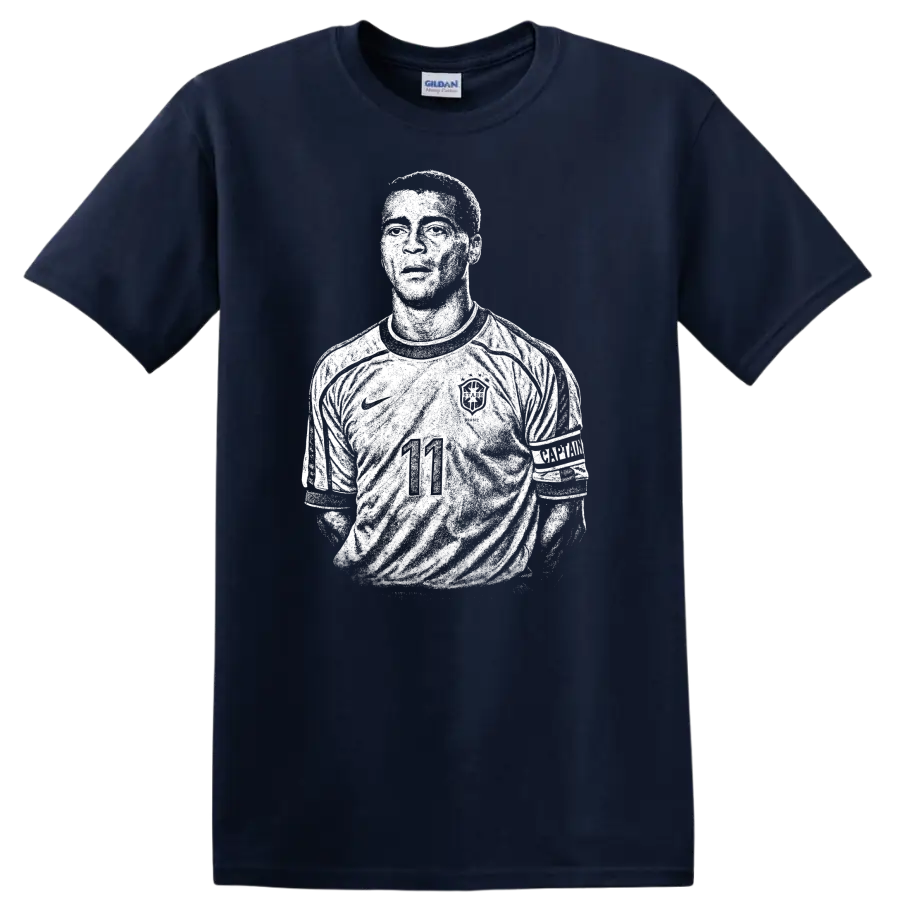 Retro soccer portrait legend style silhouette of Ronaldo Nazário T - Navy (Blue)