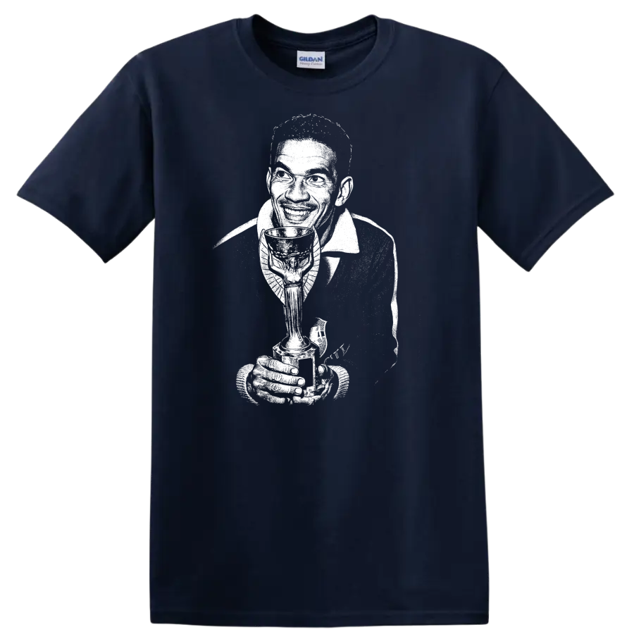 Black and white retro soccer portrait graphic T shirt of Manuel Francisco dos - Navy (Blue)