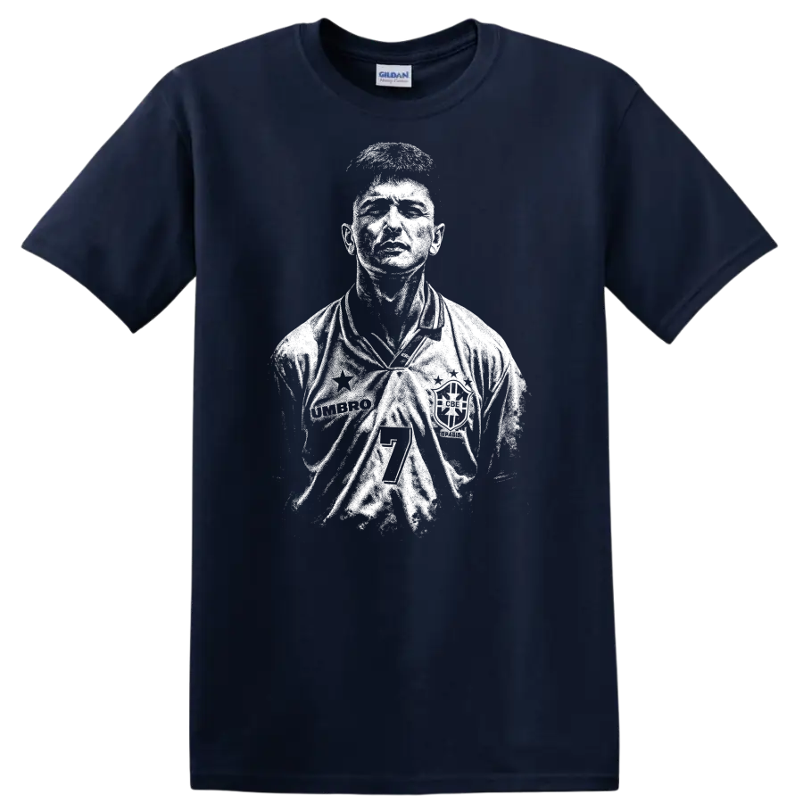Retro soccer portrait of Romário de Souza Faria, legend style T shirt - Navy (Blue)