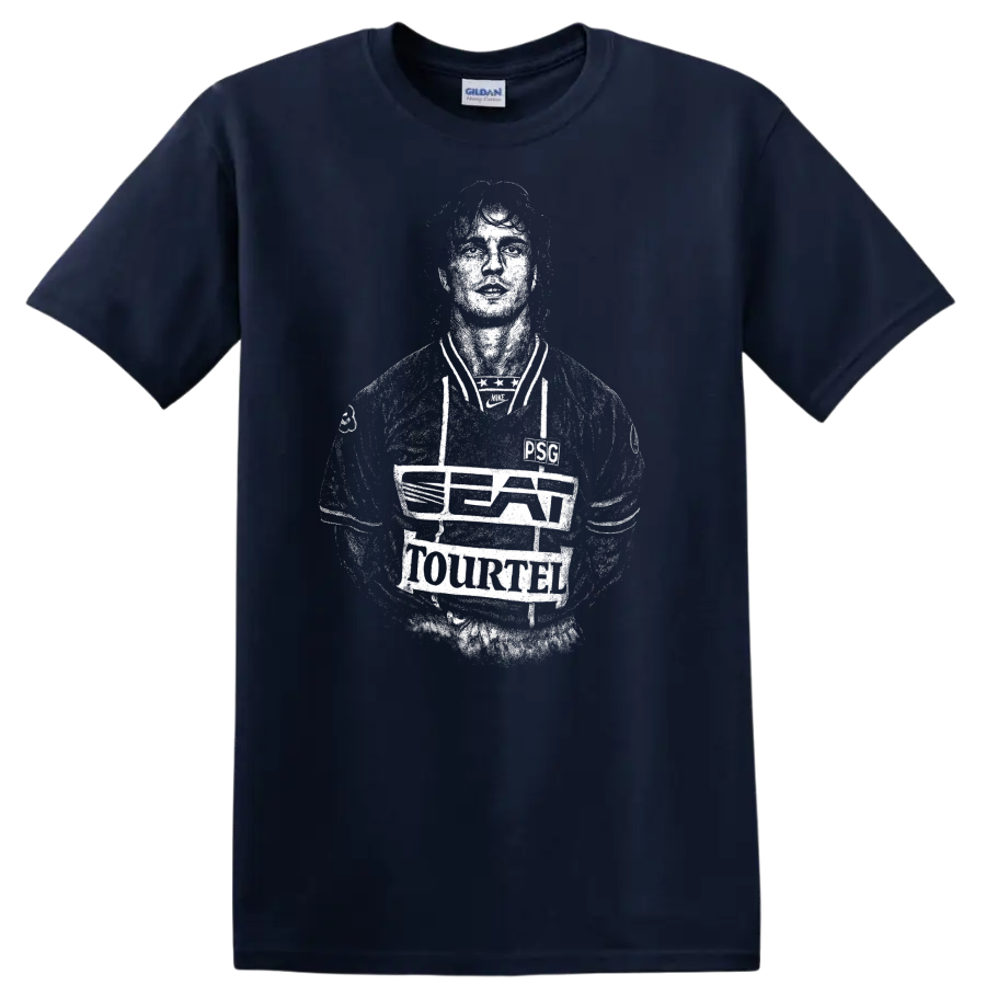 Retro soccer portrait style graphic inspired by David Ginola T - Navy (Blue)