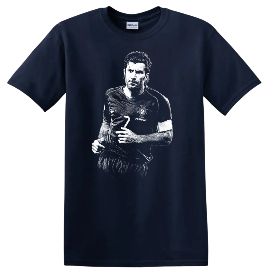 High-contrast retro soccer portrait of Luís Figo style graphic T-shirt - Navy (Blue)