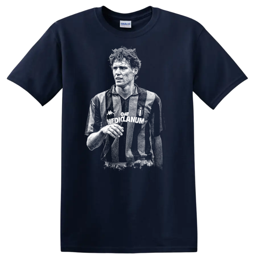Black and white retro soccer portrait of Marco van Basten T shirt - Navy (Blue)