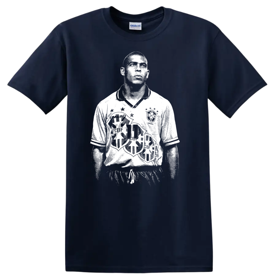 Retro soccer portrait of Ronaldo Nazário legend style - Navy (Blue)