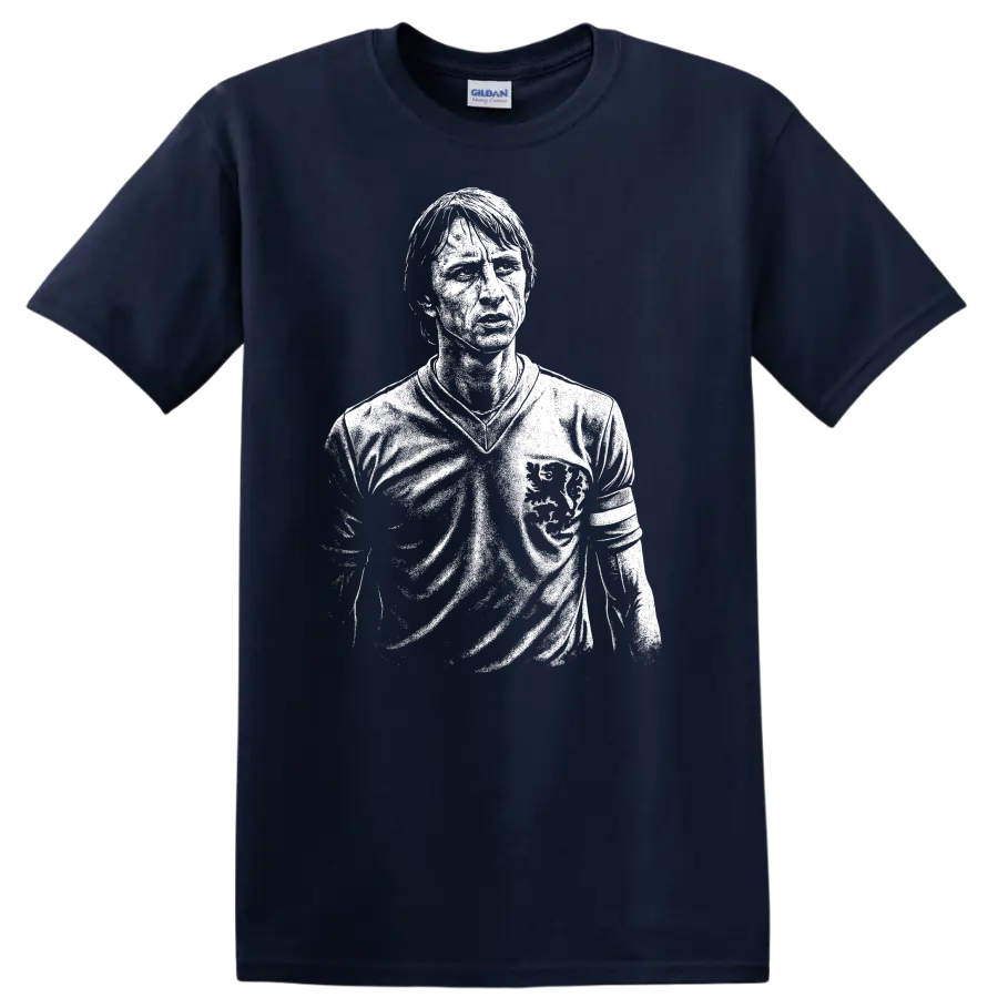 Black and white retro soccer portrait graphic T shirt inspired by Johan - Navy (Blue)