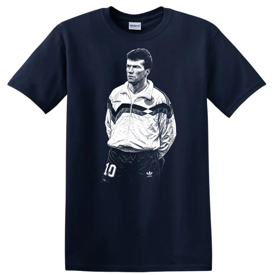 Retro soccer legend portrait graphic T Shirt inspired by Matthias - Navy (Blue)