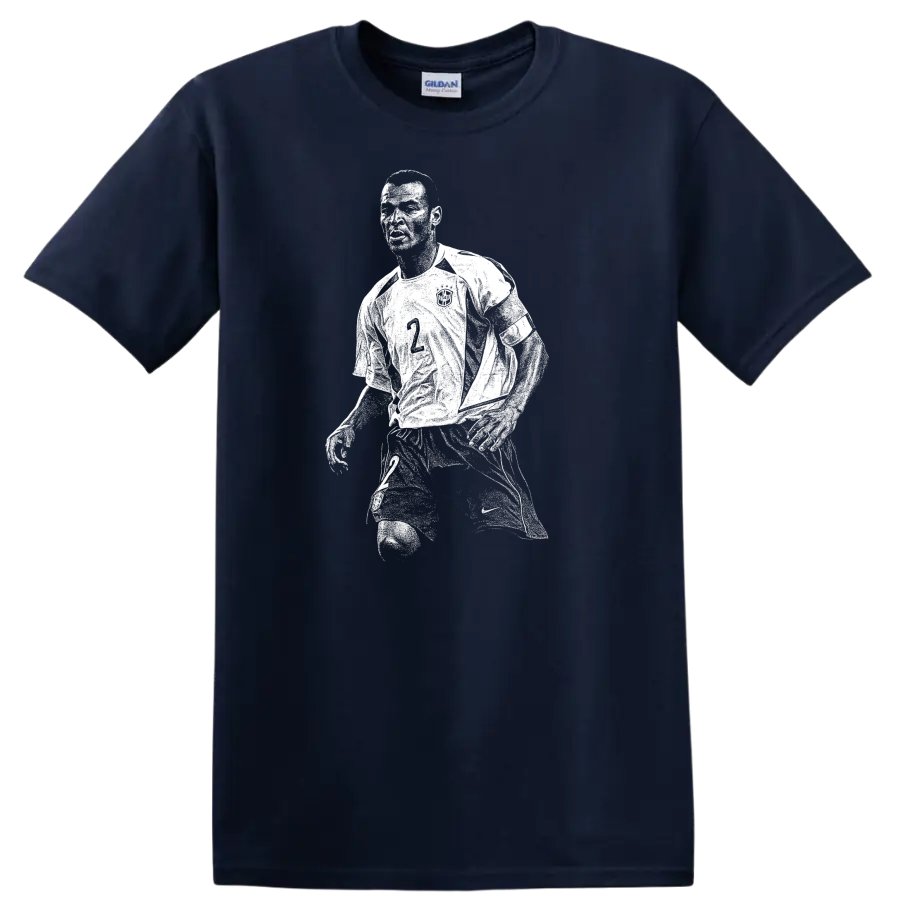 Retro pixel-style Ronaldo Nazário soccer portrait on black T - Navy (Blue)