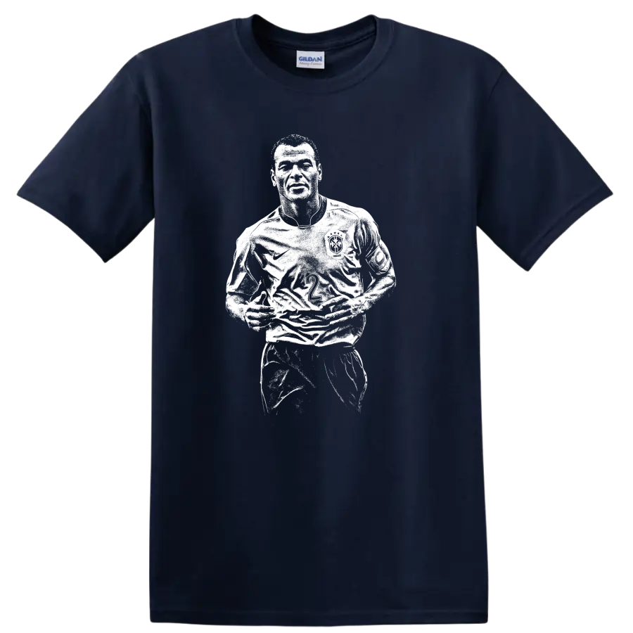 Retro soccer legend portrait style design inspired by Marcos Evangelista de Morais on T - Navy (Blue)