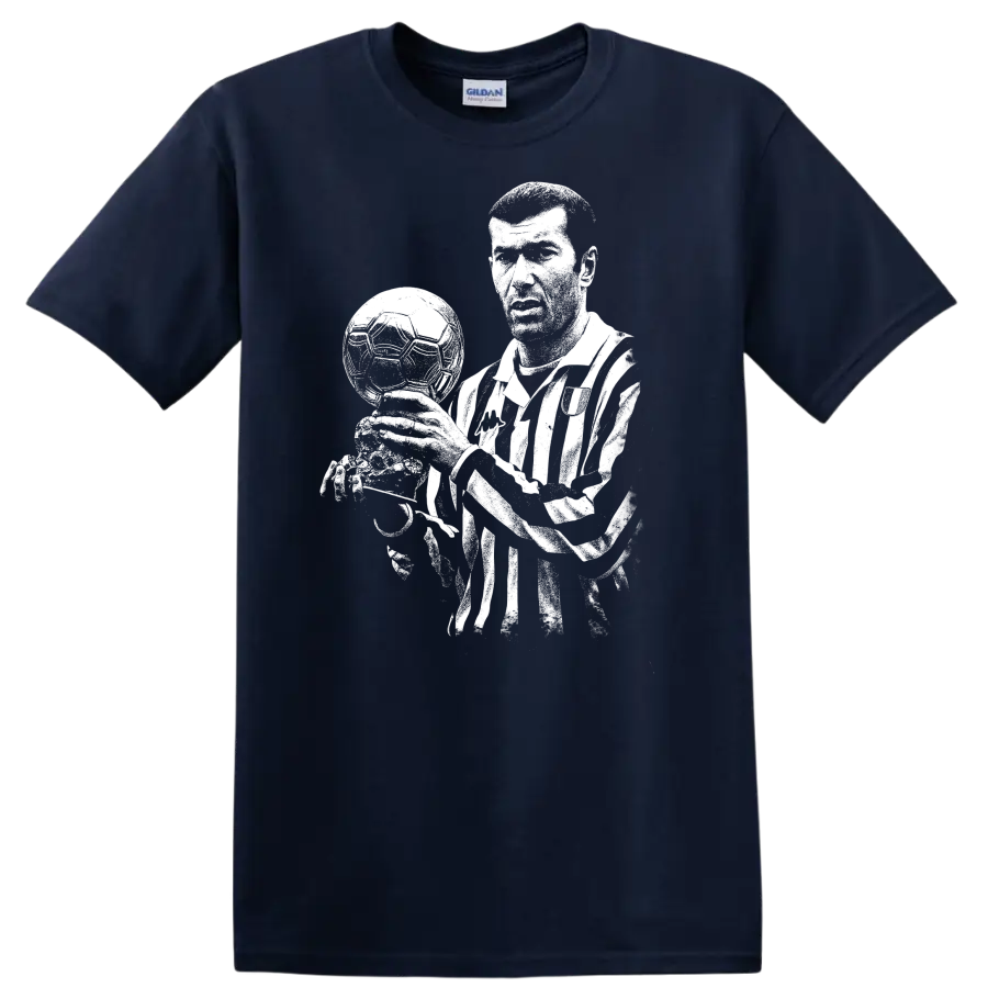 Black and white retro soccer portrait of Zinedine Zidane style T - Navy (Blue)