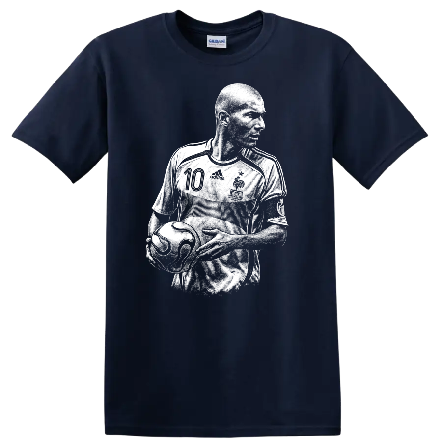 Retro soccer portrait of Zinedine Zidane in bold black and white style T - Navy (Blue)