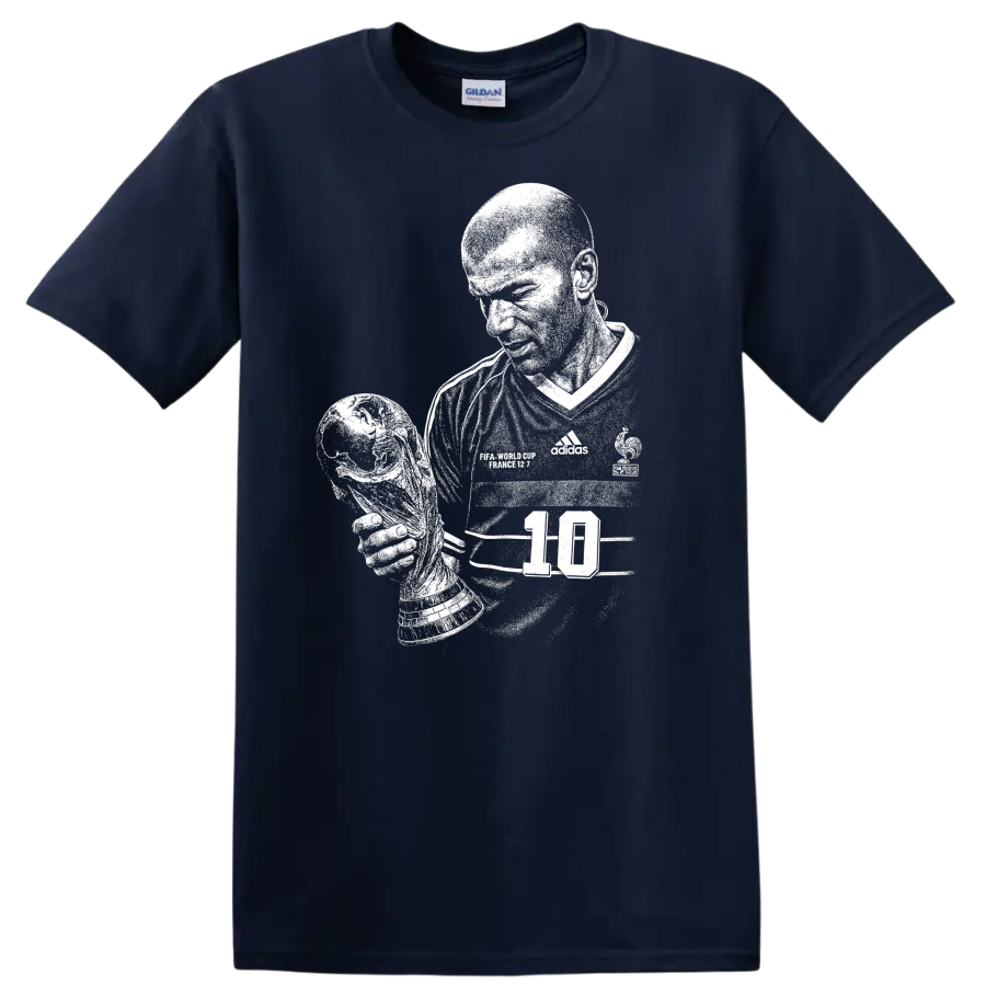 Retro black and white Zinedine Zidane soccer portrait T shirt - Navy (Blue)