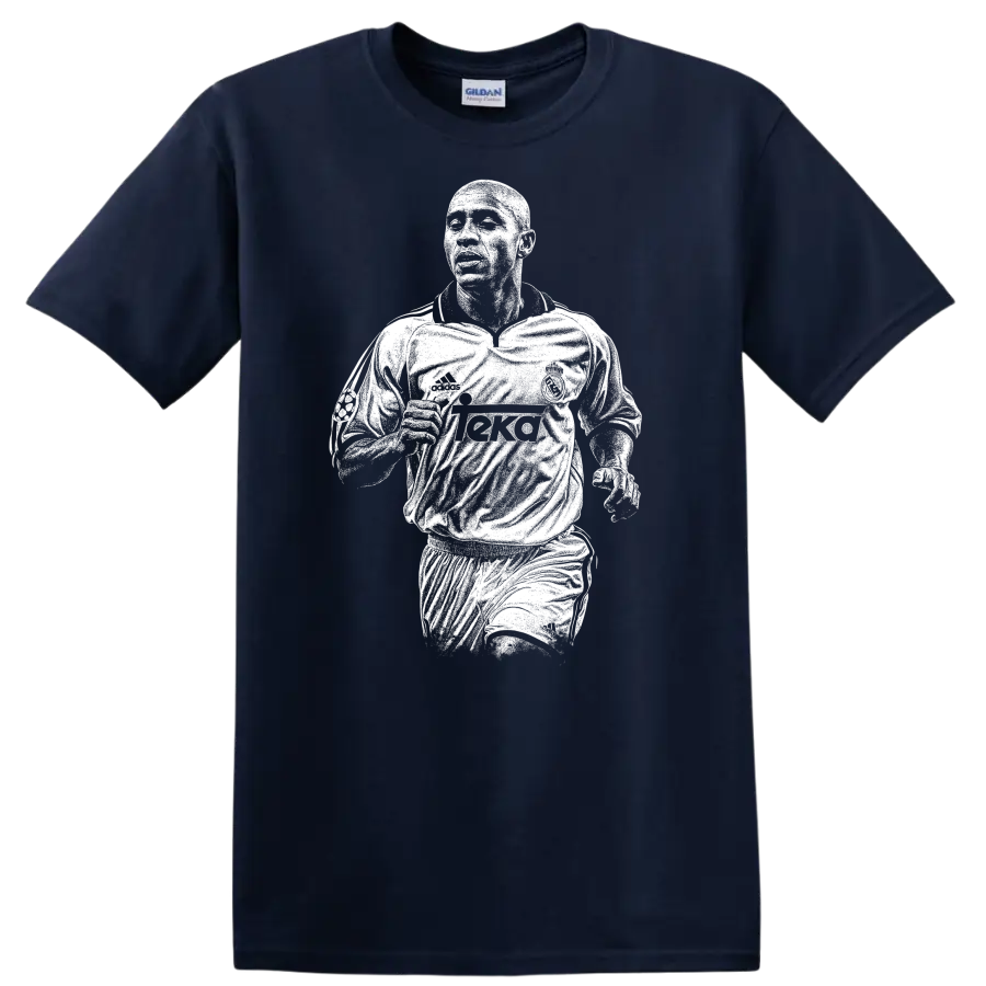Retro soccer portrait of Roberto Carlos da Silva Rocha legend style T - Navy (Blue)