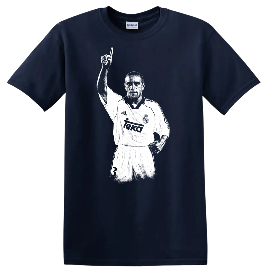 Retro soccer legend portrait of Roberto Carlos in vintage style T - Navy (Blue)