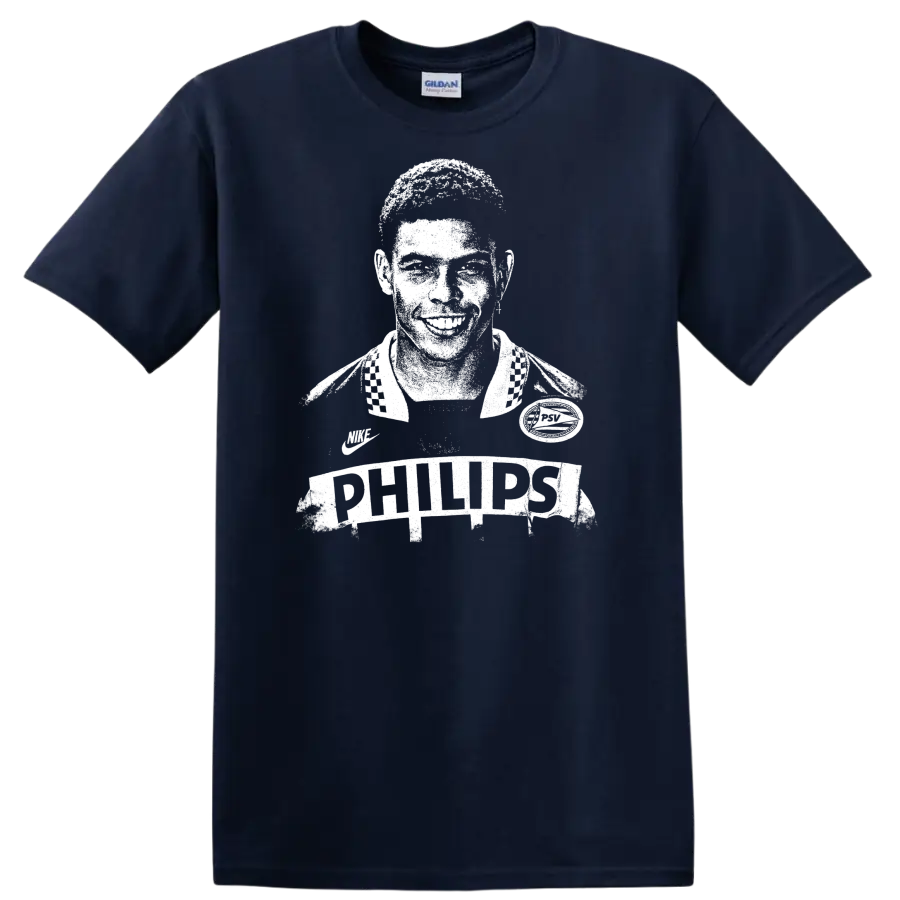 Retro soccer legend portrait design inspired by Ronaldo Nazário with bold vintage style T - Navy (Blue)