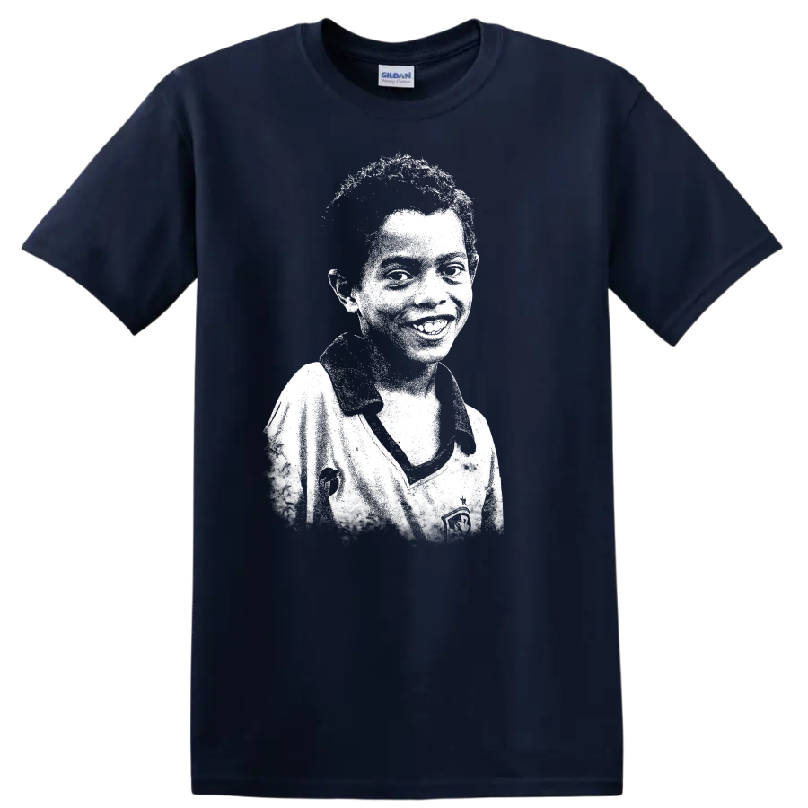 Retro pixel-style soccer legend portrait inspired by Ronaldo de Assis Moreira T - Navy (Blue)