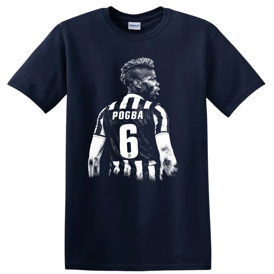 Black and white retro soccer portrait graphic inspired by Paul Pogba T - Navy (Blue)