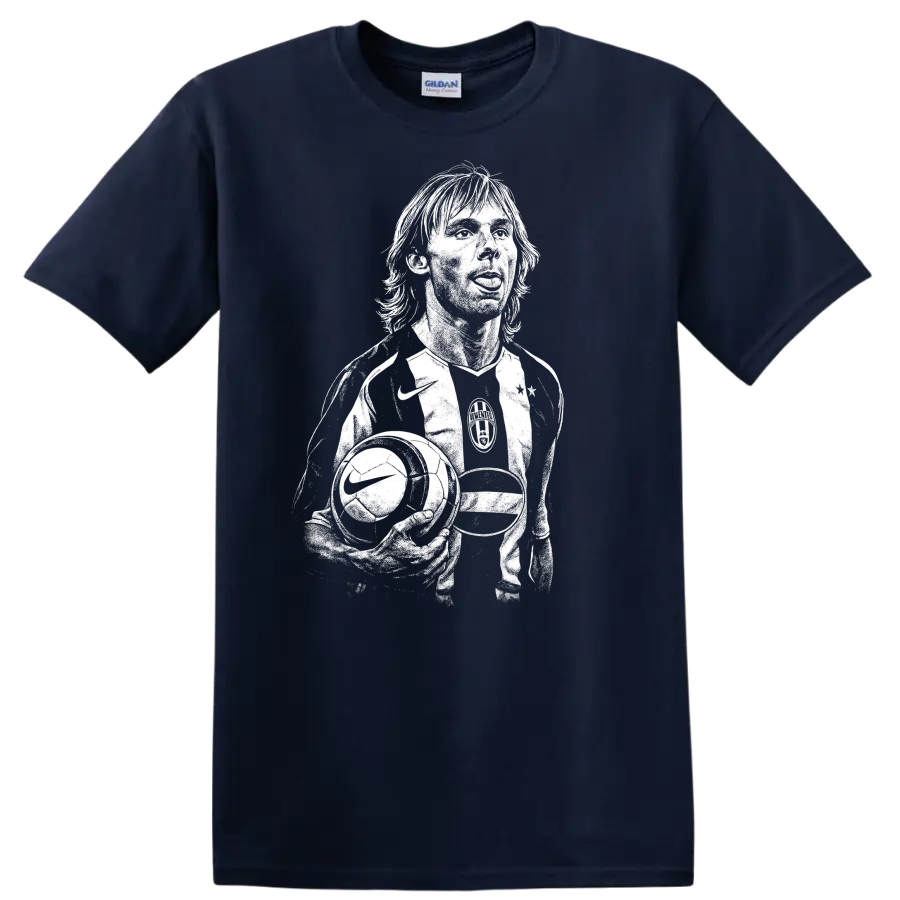 Black and white retro soccer portrait graphic T shirt featuring Pavel - Navy (Blue)