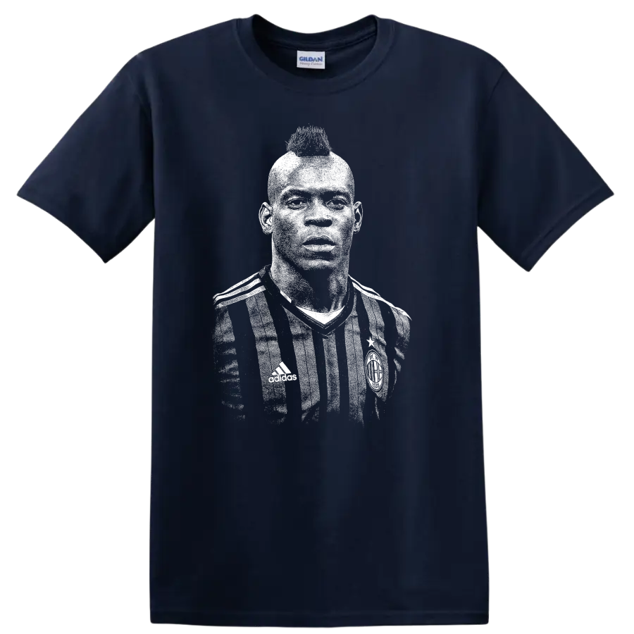 Retro soccer player portrait graphic inspired by Mario Balotelli on a T - Navy (Blue)